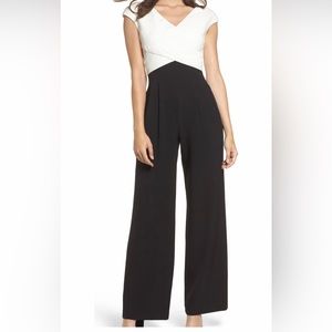 Eliza J Cap-Sleeve Jumpsuit, Black/Ivory Size 8